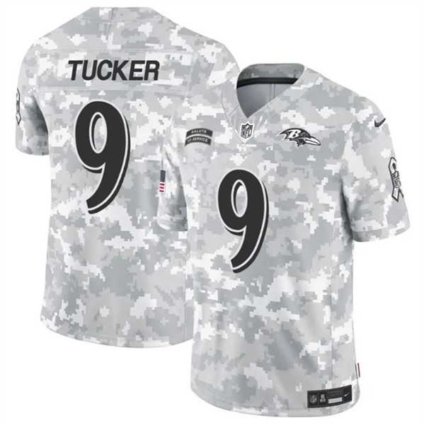 Mens Baltimore Ravens #9 Justin Tucker 2024 F.U.S.E. Arctic Camo Salute to Service Limited Stitched Jersey Dzhi